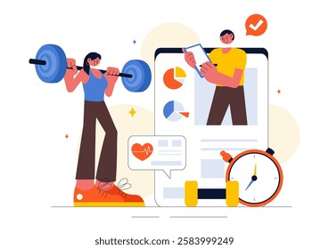 Wellness Coaching Vector Illustration Featuring a Sports Lesson or Fitness Course, Working Out with a Personal Coach, and Receiving Tailored Guidance