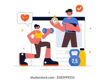 Wellness Coaching Vector Illustration Featuring a Sports Lesson or Fitness Course, Working Out with a Personal Coach, and Receiving Tailored Guidance