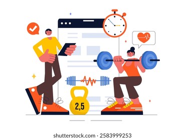 Wellness Coaching Vector Illustration Featuring a Sports Lesson or Fitness Course, Working Out with a Personal Coach, and Receiving Tailored Guidance