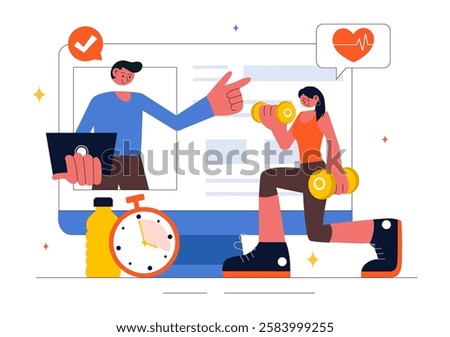 Wellness Coaching Vector Illustration Featuring a Sports Lesson or Fitness Course, Working Out with a Personal Coach, and Receiving Tailored Guidance