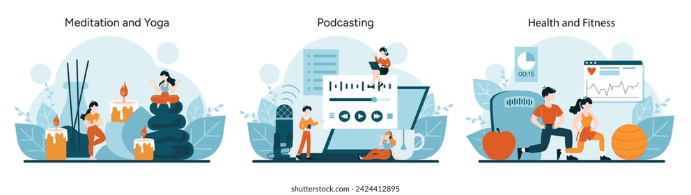 Bienestar y Comunicación. La meditación serena y el yoga posan para la paz interior. Sesiones de podcasting para compartir conocimiento. Rutinas dinámicas de salud y fitness. Ilustración de vector