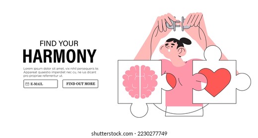Wellness concept. Body and brain harmony, meditation or healthcare. Female character hold in hands heart and human brain puzzle. Concept of mental and physical health, plug in connection or balance. 