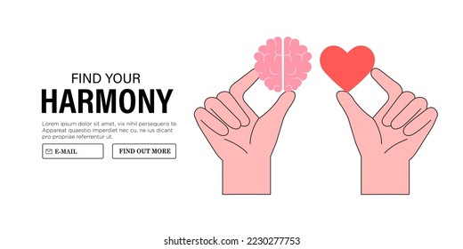 Wellness concept. Body and brain harmony, meditation, exercises or healthcare. Hands hold heart shape and human brain. Concept of mental and physical health, connection or balance.  svg