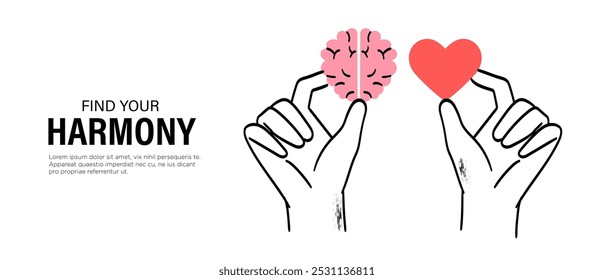 Wellness concept. Body and brain harmony, meditation, exercises or healthcare. Hands hold heart shape and human brain. Concept of mental and physical health, connection or balance.