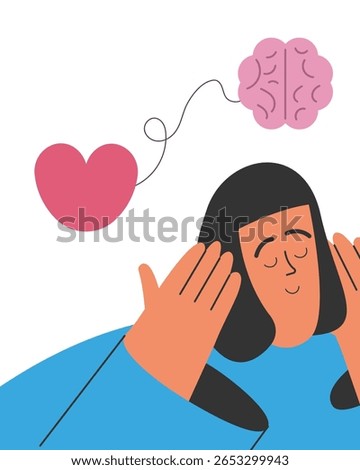 Wellness concept. Body and brain harmony, meditation, exercise or healthcare. Girl heart and human brain. Mental and physical health, connection or balance concept. Flat vector illustration.