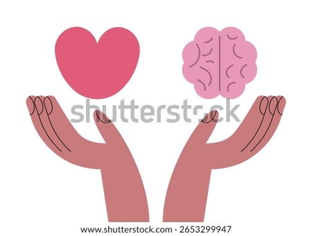 Wellness concept. Body and brain harmony, meditation, exercise or healthcare. Hands heart and human brain. Mental and physical health, connection or balance concept. Flat vector illustration.