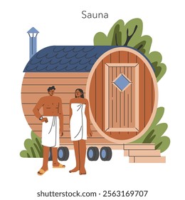 Wellness concept. A couple enjoying a serene moment outside a wooden sauna surrounded by greenery. Vector illustration.