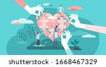 Wellness concept. flat tiny person vector illustration. Health care team working together in unity and managing abstract heart puzzle jigsaw symbol. Group of persons in social benefit activity.