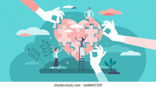 Wellness Concept. Flat Tiny Person Vector Illustration. Health Care Team Working Together In Unity And Managing Abstract Heart Puzzle Jigsaw Symbol. Group Of Persons In Social Benefit Activity.