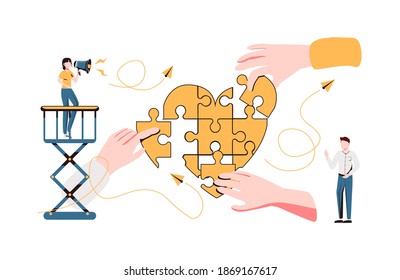 Wellness concept. flat tiny person vector illustration. Health care team working together in unity and managing abstract heart puzzle jigsaw symbol. Group of persons in social benefit activity.