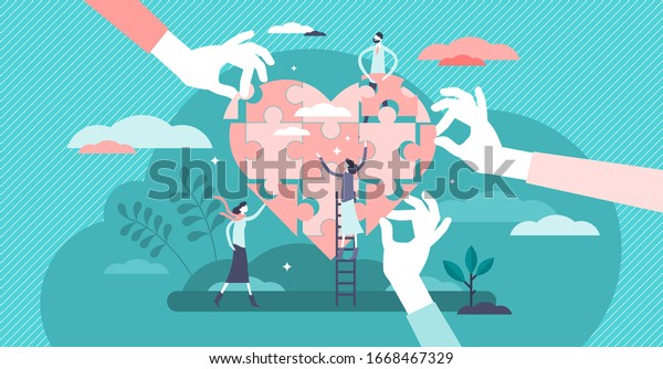 Wellness concept. flat tiny person vector illustration. Health care team working together in unity and managing abstract heart puzzle jigsaw symbol. Group of persons in social benefit activity.