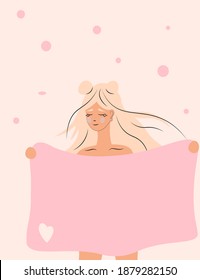Wellness concept. Sweet Dreams. Nice girl with bony hair. A beautiful girl sleeps under a blanket, towel. Stylish postcard. Modern flat illustration for flyers, advertisements,