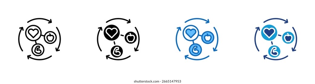 Wellness Cycle - Multi Style Icon Sheet Vektordesign - Herz-, Uhren- und Münzsymbole in einer Schleife, die Gesundheit, Zeit und Budget in Einklang bringen
