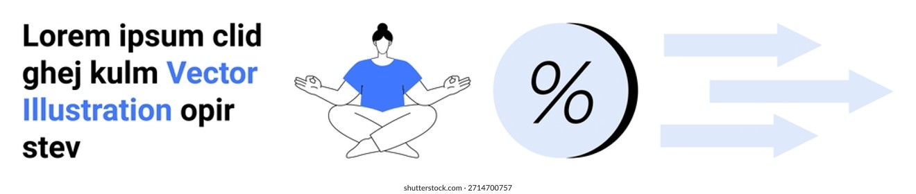 Bienestar, análisis de datos, meditación, productividad, enfoque, crecimiento personal. Persona tranquila meditando, símbolo porcentual y flechas. Meditación y análisis de datos juntos