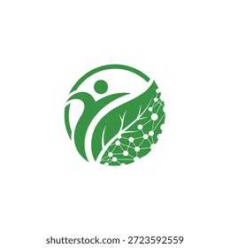 Wellness digital technology logo, combining human figure, leaf, and network to represent health tech innovation.
