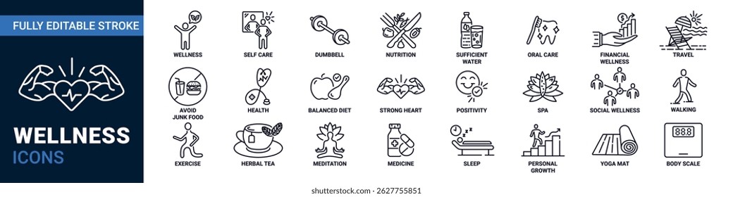 Wellness editable line icon set. Spa, health vector illustration.