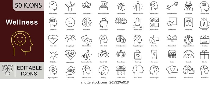 Wellness Editable Line Icons Set for Health, Mental Well-being, and Self-care