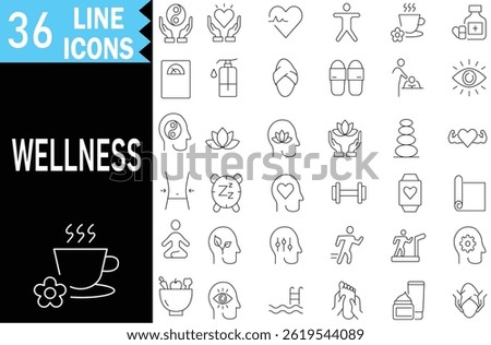 Wellness Editable line Icons set. Containing massage, yoga, spa, relaxation, health, exercise, diet, wellbeing, meditation, aromatherapy and more. stroke pictograms. illustration EPS10