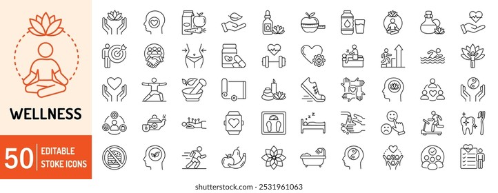 Wellness editable stroke outline web icons set. Healthy habits, yoga, spa, aromatherapy, relaxation, sleep, exercise and diet. Vector illustration