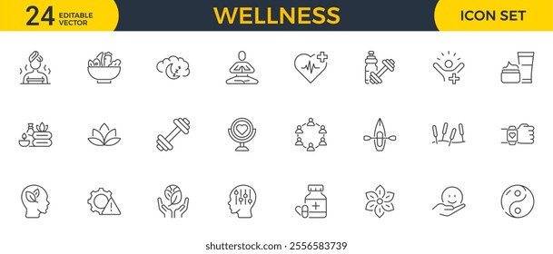 Wellness editable stroke outline web icons set. Healthy habits, yoga, spa, aromatherapy, relaxation, sleep, exercise and diet. Vector illustration
