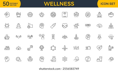 Wellness editable stroke outline web icons set. Healthy habits, yoga, spa, aromatherapy, relaxation, sleep, exercise and diet. Vector illustration
