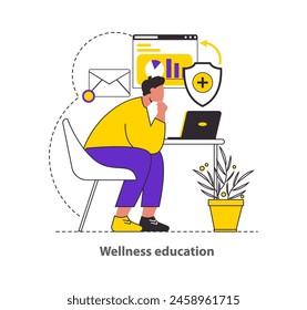 Wellness Education concept Portrays the enrichment of health knowledge through online resources, symbolizing informed self-care practices Vector illustration