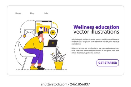 Wellness Education concept Portrays the enrichment of health knowledge through online resources, symbolizing informed self-care practices Vector illustration