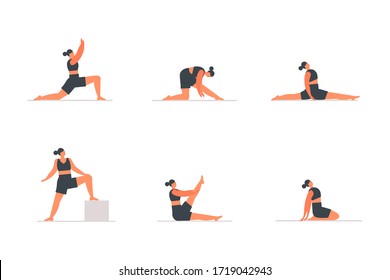 Wellness exercise. yoga and pilates practices. Set of cartoon vector illustration on isolated background