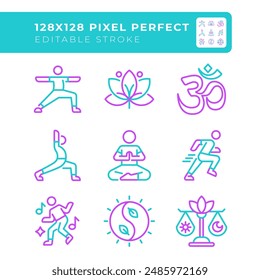 Wellness and fitness two color line icons set. Yoga practices. Workout and exercise. Health care. Symbolism bicolor outline iconset isolated. Duotone pictograms thin linear. Editable stroke