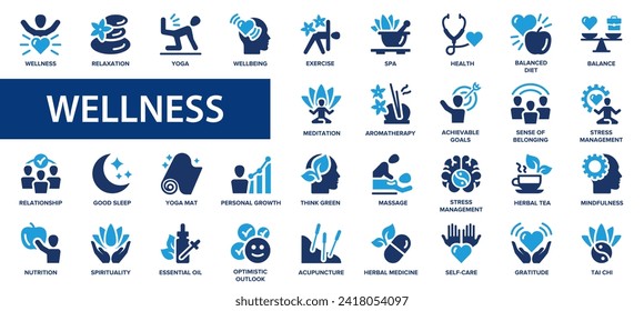 Wellness flat icons set. Relaxation, diet, health, exercise, mental health massage, meditation, aromatherapy, healthcare, wellbeing. Flat icon collection.