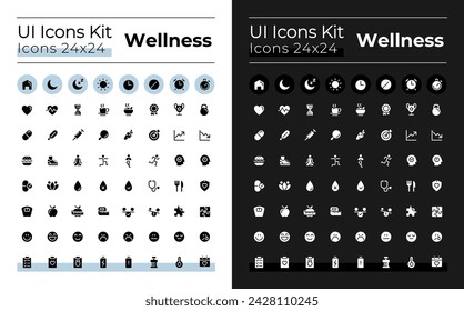 Iconos de ui de glifo de bienestar establecidos para el modo oscuro y claro. Estilo de vida saludable. Símbolos de silueta para los temas de noche y día. Pictogramas sólidos. Vector ilustraciones aisladas. Montserrat Negrita, Fuentes ligeras utilizadas