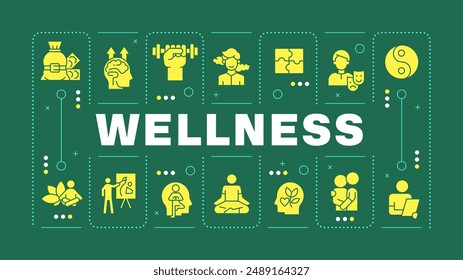 Wellness green word concept. Mental well being, spirituality. Therapeutic meditation, dosha. Visual communication. Vector art with lettering text, editable glyph icons