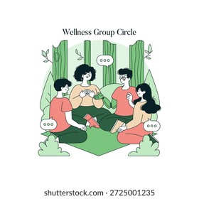 Grupo de bienestar sentado en un círculo, comprometido en la conversación. Ilustración vectorial que representa a las personas intercambiando ideas y fomentando la conexión, ambientada en un entorno natural calmante.