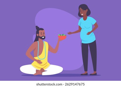 Wellness guide in traditional attire offering  bowl of nutritious food to pregnant woman. Concept of health and nutrition during pregnancy