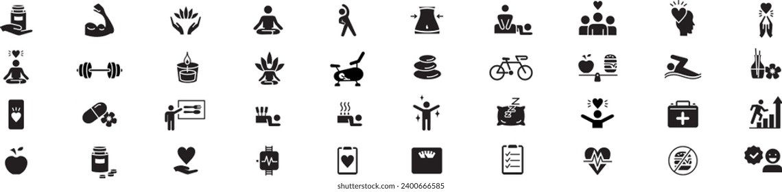 Wellness, Gym, Relaxation, Healthy Lifestyle, Exercise, Yoga, Spa, Diet, Fitness, Diet, Wellbeing, editable line icons set collection.