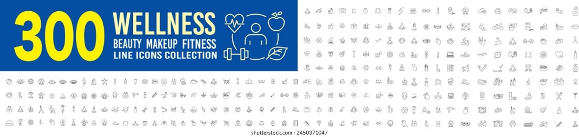 Wellness, Gym, Relaxation, Healthy Lifestyle, Exercise, Yoga, Spa, Diet, Fitness, Diet, Wellbeing, editable line icons set collection mega set.