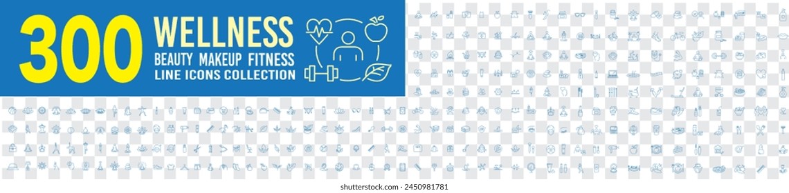 Wellness, Gym, Relaxation, Healthy Lifestyle, Exercise, Yoga, Spa, Diet, Fitness, Diet, Wellbeing, editable line icons set collection mega set.