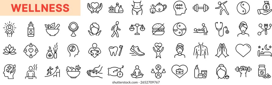 Wellness and Health Line Icon Set Featuring Meditation, Yoga, Spa, Balance, Fitness, Heartbeat, Smoothie, Healthy Food, Weightlifting, Selfcare, Tooth, Skin, Sleep, and Mindfulness Icon Design