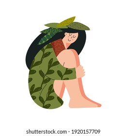Wellness healthcare eco friendly concept. Young woman with natural green leaves. No stress, wellbeing cute female character. Cartoon flat vector illustration with texture isolated on white background 