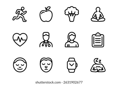 Wellness and healthcare icon set a collection of line art graphics