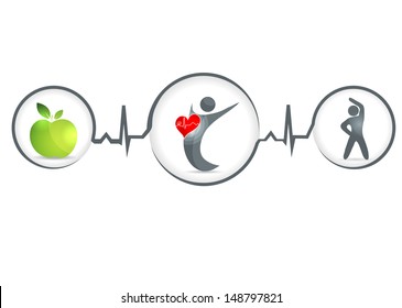 Wellness and healthy heart symbol. Healthy food and fitness leads to healthy heart and life. Isolated on a white background.