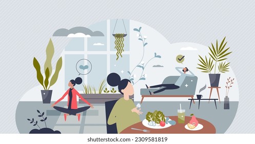 Wellness and healthy lifestyle with diet, sport and relax tiny person concept. Good life balance with body and mind harmony, nutrition eating and vital leisure vector illustration. Happy mindset.