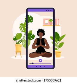 Wellness and healthy lifestyle at home. African woman doing yoga exercises. Online yoga banner with young girl in asana, house plant and smartphone screen.   Vector illustration