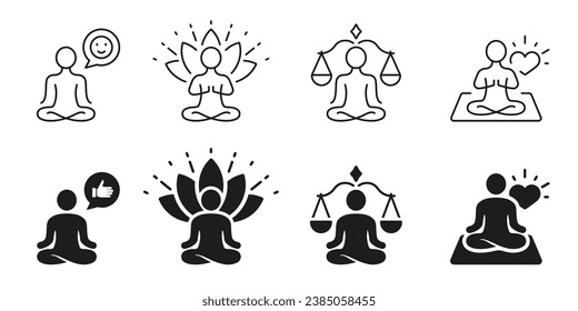 Wellness, Healthy Lifestyle Silhouette and Line Icons Set. Yoga And Relax, People In Lotus Pose Pictogram. Meditation And Harmony Black Symbol Collection. Isolated Vector Illustration.