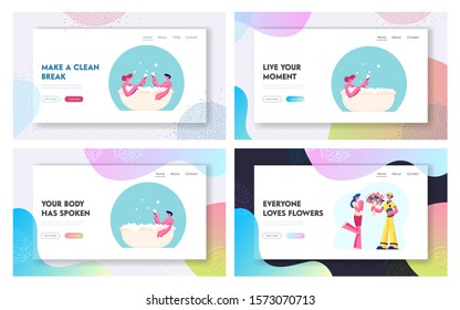Wellness Honeymoon Date, Flower Delivery Service Website Landing Page Set. Young Couple Sit in Bath Tub with Champagne, Courier Give Bouquet to Girl Web Page Banner. Cartoon Flat Vector Illustration