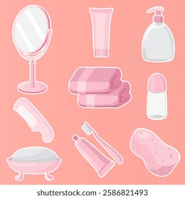 Wellness and hygiene set icon. Mirror, towels, soap, comb, toothbrush, toothpaste, deodorant, liquid soap, and sponge on a soft peach background. Daily essentials for self-care and cleanliness