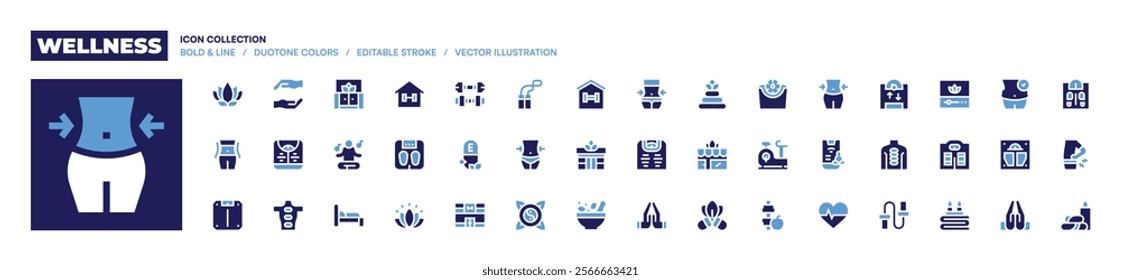 Wellness icon collection. Bold style. Duotone colors. spiritual, lotus, wellness, hands, bed, slim, stayathome, weightscale, weight, bodyscale, hotstones, meditation.
