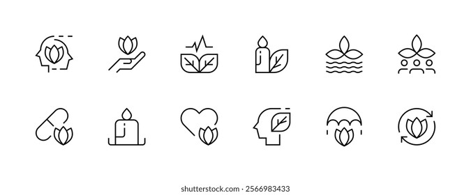 Wellness icon collection. Healthy lifestyle, healthy, medical, positivity, harmony, activity, therapy and more. Editable stroke. Pixel Perfect. Grid base 32px.