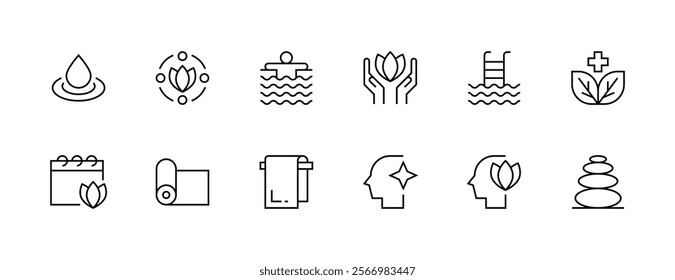 Wellness icon collection. Healthy lifestyle, healthy, medical, positivity, harmony, activity, therapy and more. Editable stroke. Pixel Perfect. Grid base 32px.