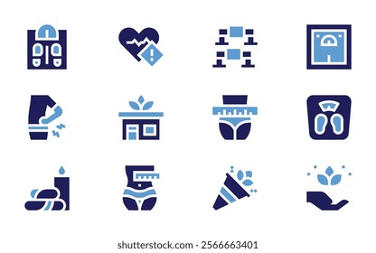 Wellness icon set. Bold style. Duotone colors. wellness, backpain, heartbeat, weightscale, stone, waist, bodyscale, pushup, confetti, slim, center.